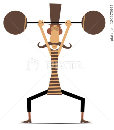 Strong long mustache weightlifter in the top hat. Man in the top hat dressed in striped athletic tights raises the heavy weight. Isolated on white background 120675945