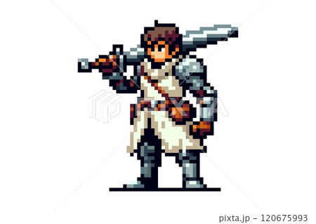 The pixel warrior stands confidently holding a large sword, wearing armor and a white tunic with a brown belt and bag. The pixel warrior stands confidently holding a large sword, wearing armor and a white tunic with a brown belt and bag. 120675993