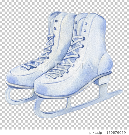 Winter white skates on an isolated background, watercolor holiday illustration for decor, design, greeting card, clipart 120676039
