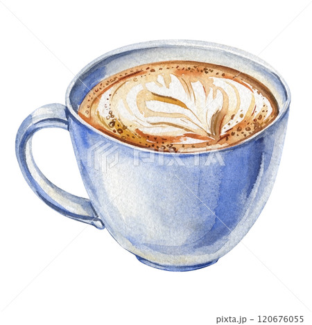 Blue cup of coffee isolated on white background, food sweet watercolor illustration. hand-painted Hot drink Blue cup of coffee isolated on white background, food sweet watercolor illustration. hand-painted Hot drink 120676055