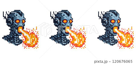 A pixel art image of a robotic head with glowing red eyes breathing fire from its mouth creating a dynamic and intense scene 120676065