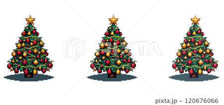 A pixel art Christmas tree decorated with red and gold ornaments and topped with a shining star. 120676066