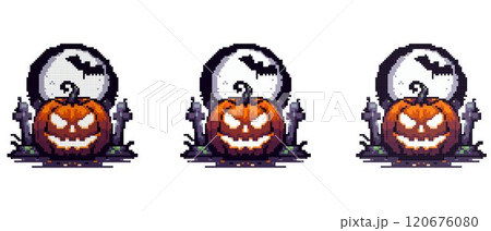 A glowing jack-o'-lantern with a sinister grin sits in front of a full moon with a bat flying across it and gravestones nearby A glowing jack-o'-lantern with a sinister grin sits in front of a full moon with a bat flying across it and gravestones nearby 120676080