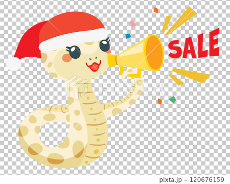 Illustration of a cute snake holding a megaphone for Christmas sale 120676159