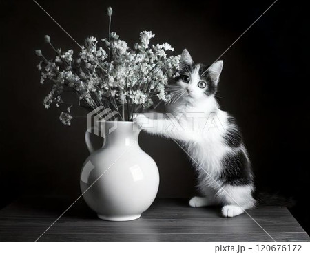 ヴィンテージ白黒写真スタイル:子猫と花瓶のポートレート 120676172