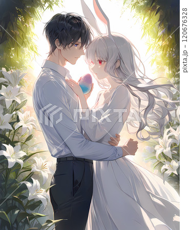 百合の咲く庭で再会する二人。アルビノの少女の元に帰ってきた碧眼の青年。アニメ風のAIイラスト 120676328
