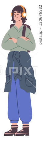 Student girl in earphones. Young careless person character 120676582