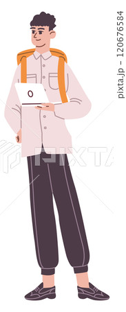 Young guy standing with laptop. Student color character 120676584