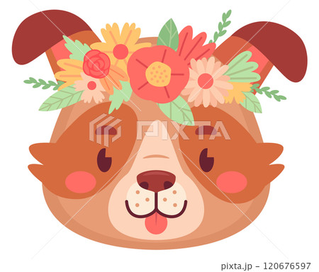 Happy dog in flower wreath. Cheerful animal face Happy dog in flower wreath. Cheerful animal face 120676597