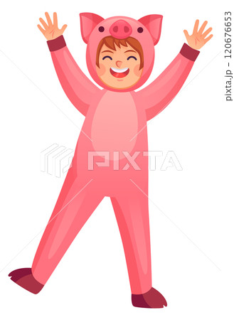 Kid in carnival pig costume. Cartoon dressed girl Kid in carnival pig costume. Cartoon dressed girl 120676653