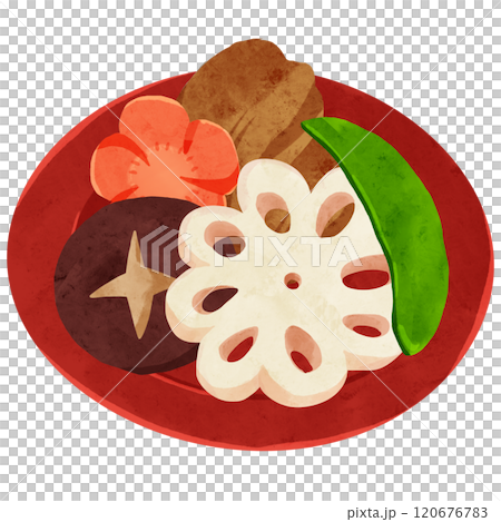 Red small plate and Chikuzenni watercolor hand-drawn illustration Red small plate and Chikuzenni watercolor hand-drawn illustration 120676783