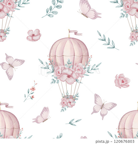 Seamless watercolor Pattern with pink hot air balloon, flowers and butterflies. Illustration for baby girl wallpaper or childish textile design. Cute ornament for kids bed linen or wrapping paper. Seamless watercolor Pattern with pink hot air balloon, flowers and butterflies. Illustration for baby girl wallpaper or childish textile design. Cute ornament for kids bed linen or wrapping paper. 120676803