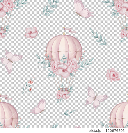 Seamless watercolor Pattern with pink hot air balloon, flowers and butterflies. Illustration for baby girl wallpaper or childish textile design. Cute ornament for kids bed linen or wrapping paper. Seamless watercolor Pattern with pink hot air balloon, flowers and butterflies. Illustration for baby girl wallpaper or childish textile design. Cute ornament for kids bed linen or wrapping paper. 120676803