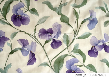 Floral fabric pattern with purple irises 120676895