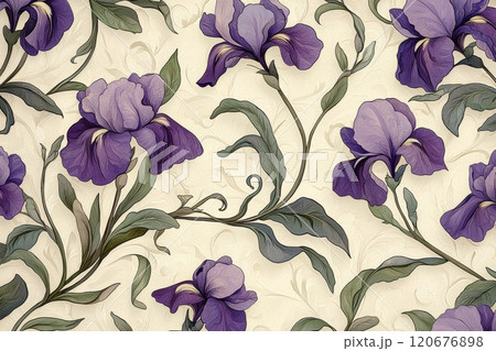 Vintage floral pattern with purple irises 120676898
