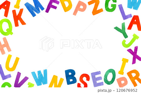 カラフルなアルファベットのフレーム　手描き水彩イラスト・手書き文字の背景素材 120676952