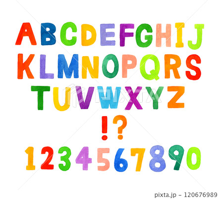 大文字のアルファベットと数字のセット　かわいい手描き水彩イラスト・手書き文字の素材 120676989
