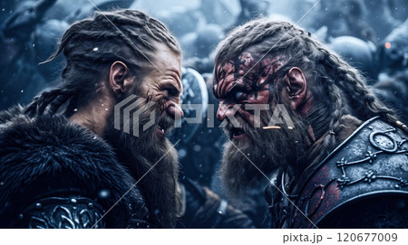 戦場で繰り広げられるバイキングの一騎打ち 120677009