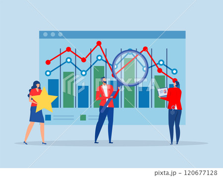 Benchmark performance or KPI key performance indicator growth or KPI measurement result, businessman magnify benchmark metric graph scale. 120677128