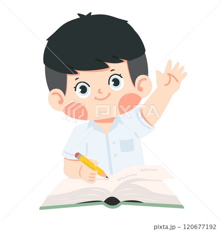 Kid raise hand to answer the question 120677192