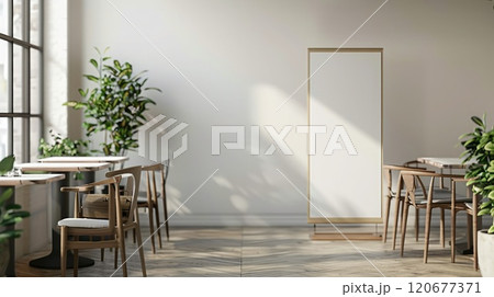 Stylish roll-up mockup poster in a modern cafe setting, perfect for special promotions or event advertisements, minimalist design, ample copyspace. Roll up mockup poster 120677371