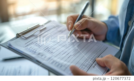 Close-up shot of clipboard with consumer survey form held by person, focus on form. Consumer survey answer form 120677372