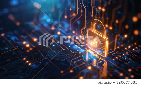 Circuit board featuring a padlock symbol to illustrate digital data privacy and protection. Digital ethics. Copyspace 120677383