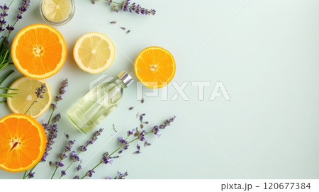 Fresh-scented cleaning products like lavender and citrus, bringing a pleasant aroma to your cleaning routine. Cleaning company. Copyspace 120677384