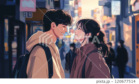 街中でデートをするカップルのイラスト（AI生成画像） 120677514