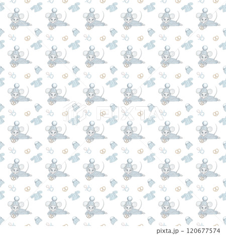 Blue mouse. Fashionable children's creative modern. Christmas seamless wallpaper. Hand-drawn background Blue mouse. Fashionable children's creative modern. Christmas seamless wallpaper. Hand-drawn background 120677574