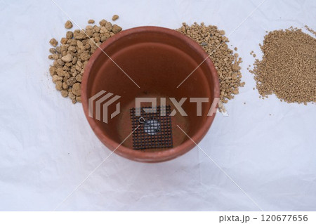 鉢底にアルミ線で固定された鉢底ネット 120677656