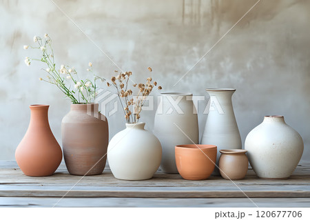 Handcrafted Clay Pottery in Various Shapes Arranged on Natural Wood Surface 120677706