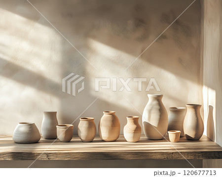 Elegant Display of Artisan Clay Pottery in Soft Earthy Tones on Wood Surface 120677713