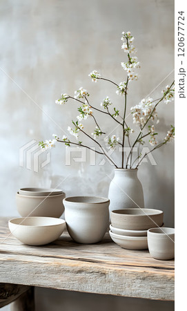 Simple Still Life of Handcrafted Clay Pottery Arranged on Natural Wood Surface with Earthy Tones Simple Still Life of Handcrafted Clay Pottery Arranged on Natural Wood Surface with Earthy Tones 120677724