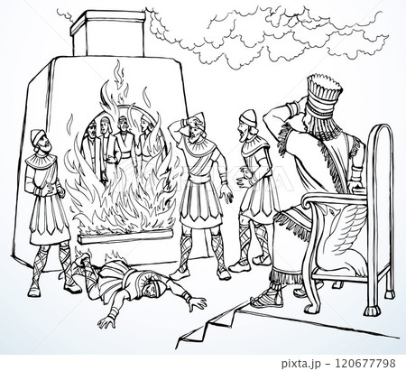 Vector drawing. The king looks at the youths in the oven 120677798
