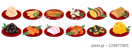 アイソメトリックで描いたおせちのイラストセット（ベクター） 120677805