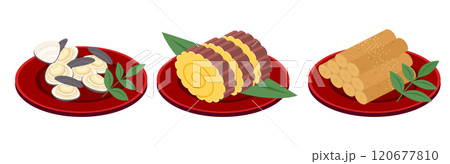アイソメトリックで描いたおせちのイラストセット（ベクター） 120677810