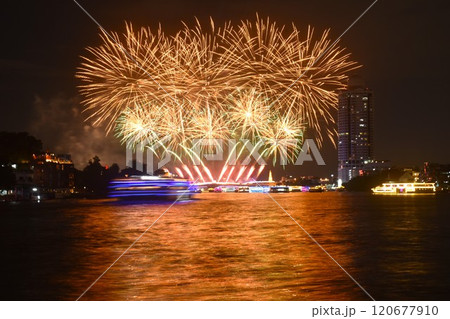 celebration fireworks and lighting at Phra Phuttha Yodfa memorial bridge Cho Phraya river in Thailand  120677910