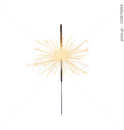 Burning green sparkler realistic transparent, bengal or indian light, Bright sparks. Firework isolated. Element for celebration, holidays. New year sparkler candle. Magic light stick. Png 120678064