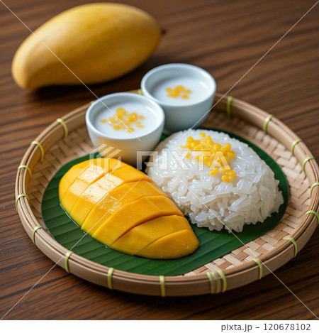 Sliced mango and sticky rice with coconut milk creating delicious thai dessert Sliced mango and sticky rice with coconut milk creating delicious thai dessert 120678102