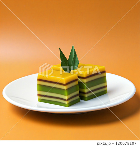 Malaysian kuih lapis sarawak, rice pudding dessert with pandan leaves on white plate 120678107
