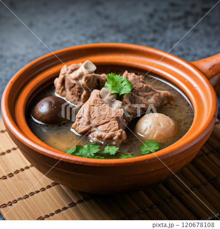 Steaming bak kut teh, malaysian pork rib soup, simmering in clay pot 120678108