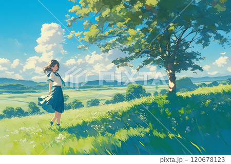 アニメ調の野原に立つ女子高校生のイラスト_1 120678123