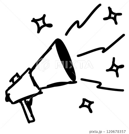 Loudspeaker doodle drawing. Cartoon loud alert warning. Sketch media propaganda. Marketing megaphone announce or broadcast. Emergency bullhorn speaker 120678357