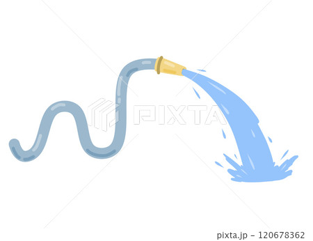Hose. Jet of water. Fire fighting and watering of lawn. Grey tube. Flat cartoon illustration 120678362