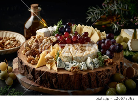 Different cheese on wooden plate. French camembert, italian parmesan and brie slice on table. Group of tasty cheese 120678365