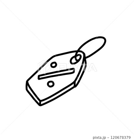 Cardboard label with rope with percentage sign. Empty template for cardboard tag. Hand-drawn store discount. Cartoon outline illustration 120678379