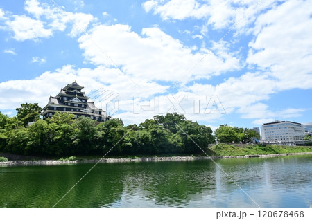 岡山城天守と旭川の夏空模様 120678468