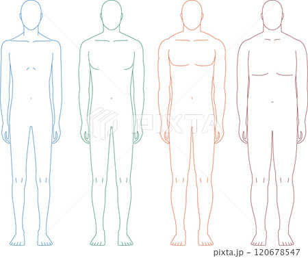 痩せた、中肉、太った、筋肉質の体型の男性 正面から見た男性のイラスト 痩せた、中肉、太った、筋肉質の体型の男性 正面から見た男性のイラスト 120678547
