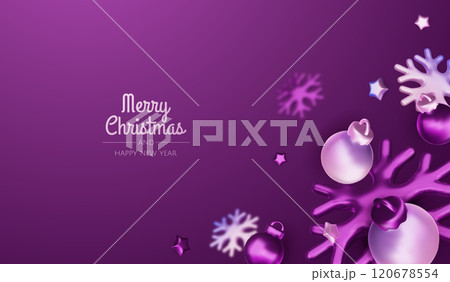 Christmas winter festive composition. Colorful Xmas background realistic 3d decorative design objects, christmas tree, gift boxes, xmas ball, gold confetti. Happy New Year. Vector illustration 120678554